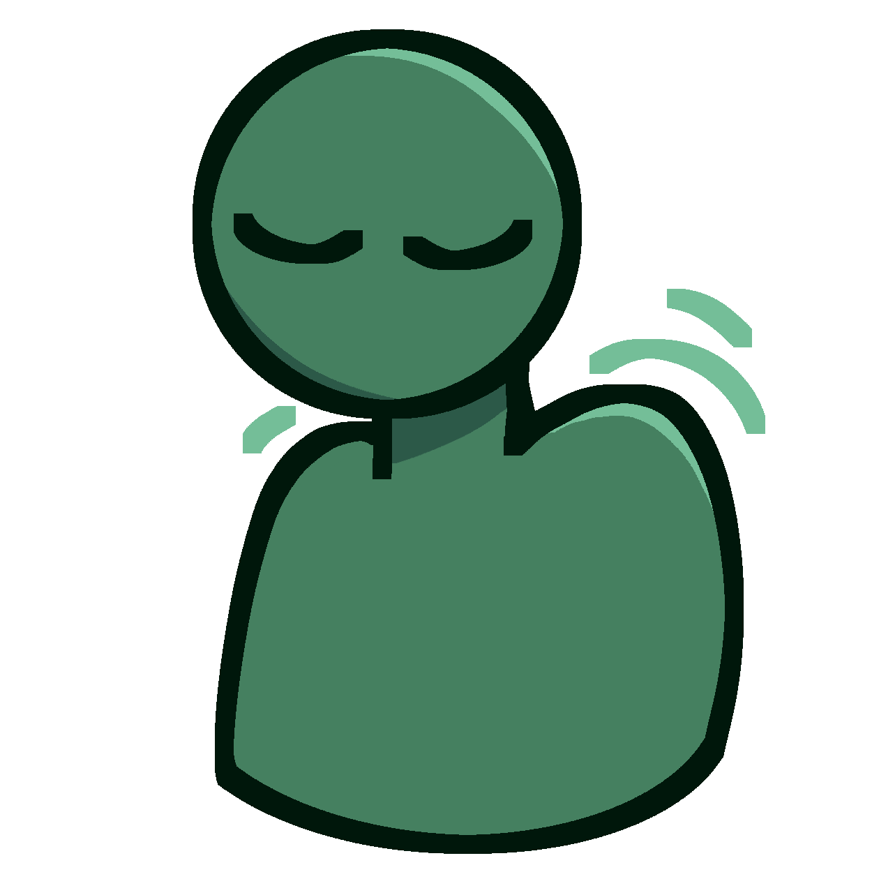 a green figure with closed eyes shrugging. 